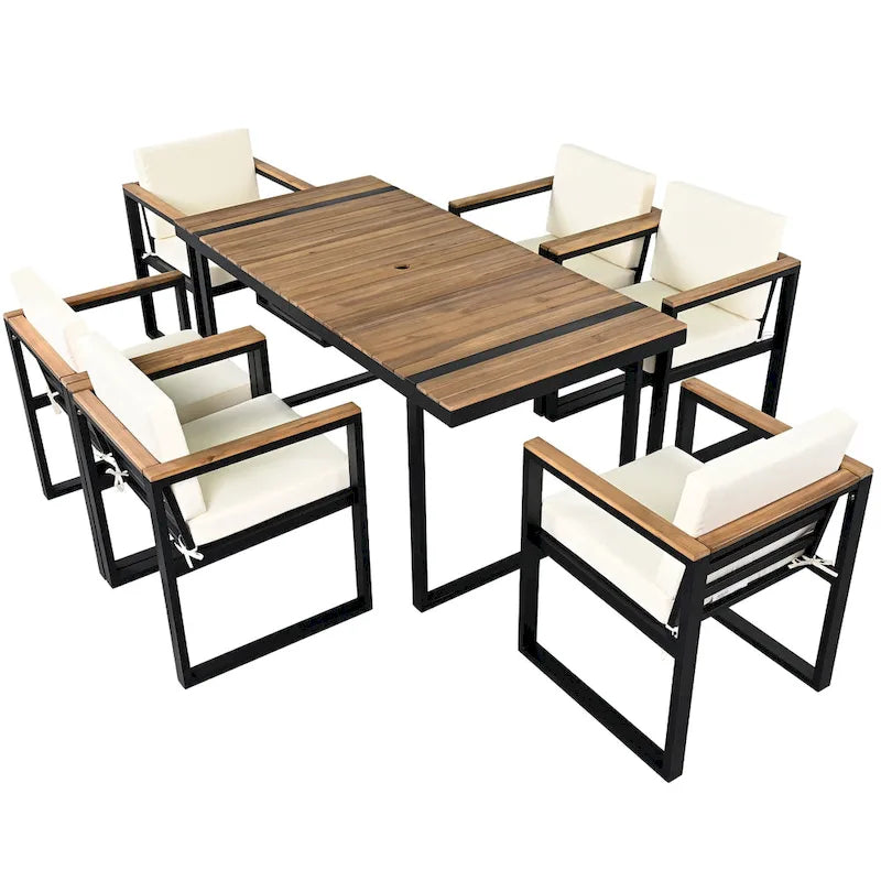 7-Piece Outdoor Patio Steel Dining Set with Umbrella Hole and 6 Cushioned Armchairs