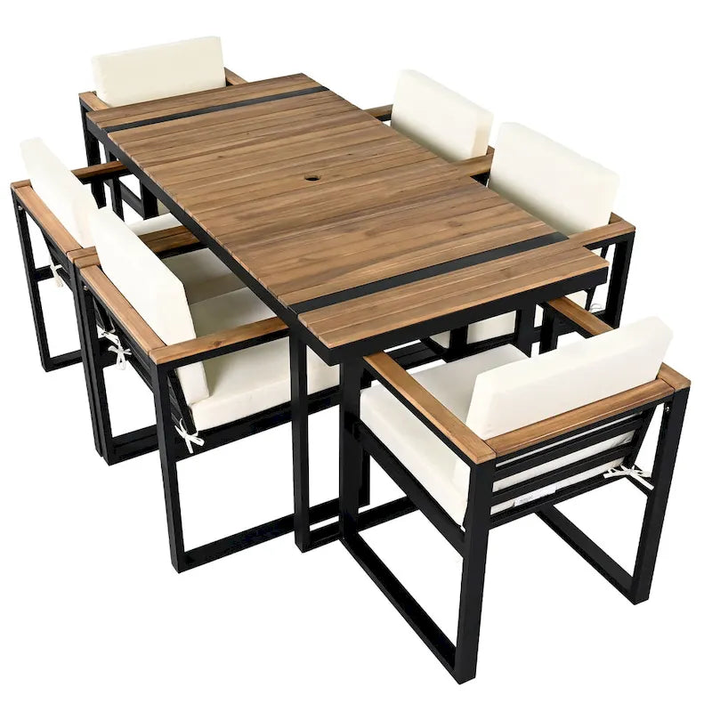 7-Piece Outdoor Patio Steel Dining Set with Umbrella Hole and 6 Cushioned Armchairs