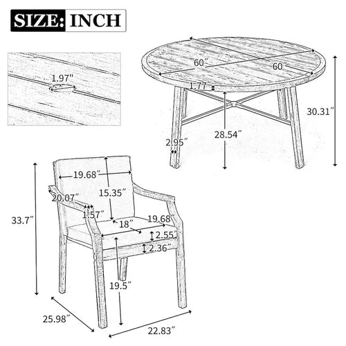 5-Piece Outdoor Patio Acacia Wood Round Dining Set with Umbrella Hole and 4 Cushioned Armchairs