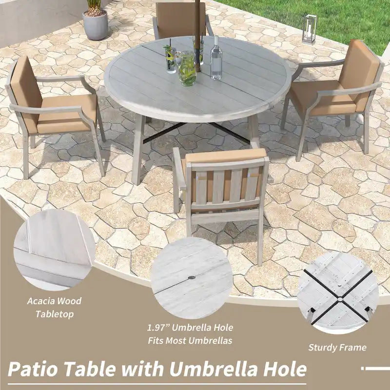 5-Piece Outdoor Patio Acacia Wood Round Dining Set with Umbrella Hole and 4 Cushioned Armchairs
