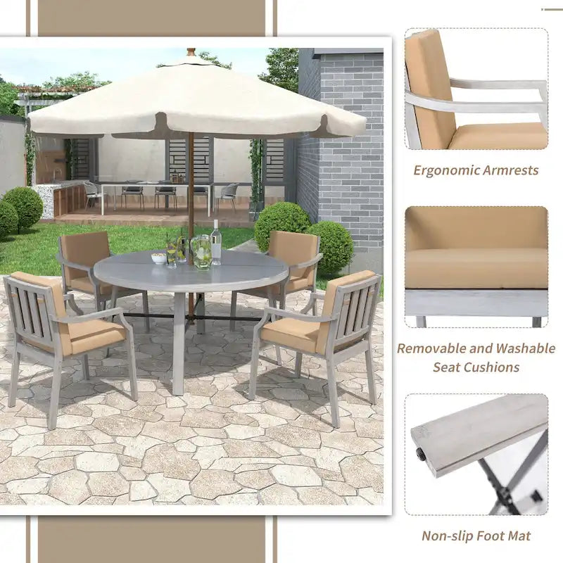5-Piece Outdoor Patio Acacia Wood Round Dining Set with Umbrella Hole and 4 Cushioned Armchairs