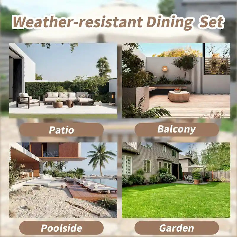 5-Piece Outdoor Patio Acacia Wood Round Dining Set with Umbrella Hole and 4 Cushioned Armchairs