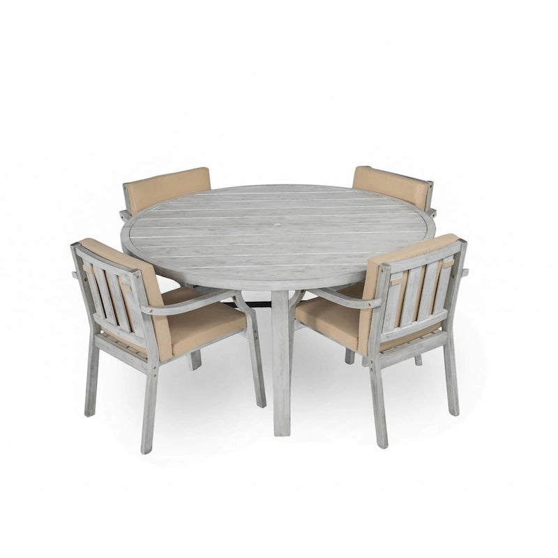 5-Piece Outdoor Patio Acacia Wood Round Dining Set with Umbrella Hole and 4 Cushioned Armchairs