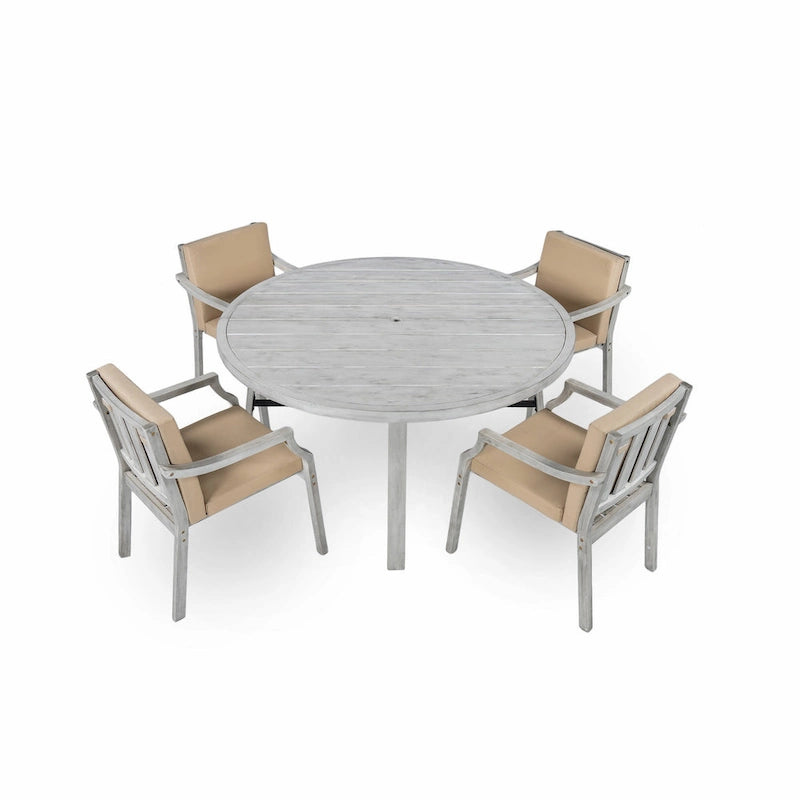 5-Piece Outdoor Patio Acacia Wood Round Dining Set with Umbrella Hole and 4 Cushioned Armchairs