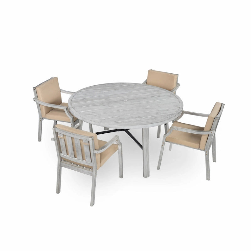 5-Piece Outdoor Patio Acacia Wood Round Dining Set with Umbrella Hole and 4 Cushioned Armchairs