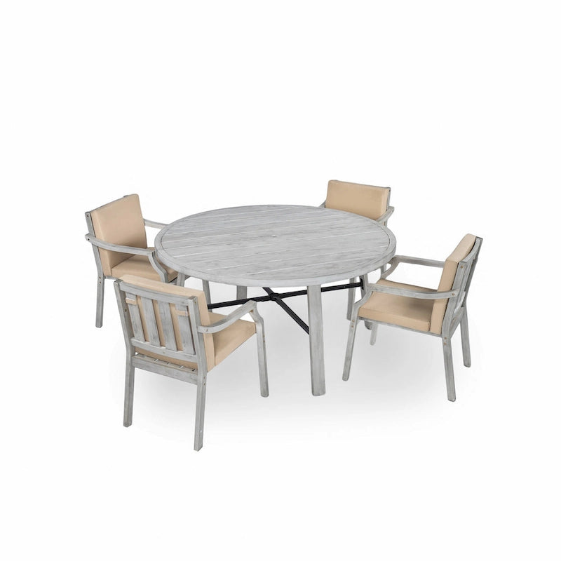 5-Piece Outdoor Patio Acacia Wood Round Dining Set with Umbrella Hole and 4 Cushioned Armchairs
