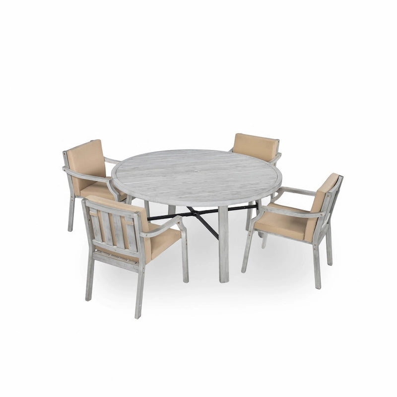 5-Piece Outdoor Patio Acacia Wood Round Dining Set with Umbrella Hole and 4 Cushioned Armchairs