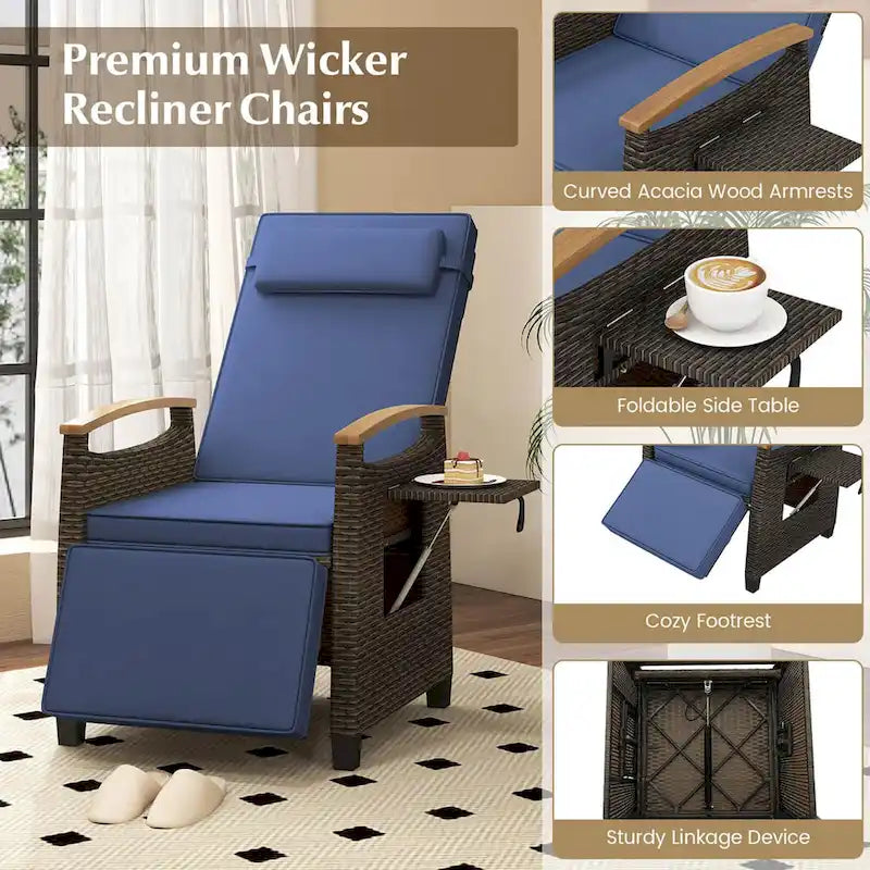 Costway 1/2 PCS Patio Wicker Recliner Chair with Adjustable Backrest