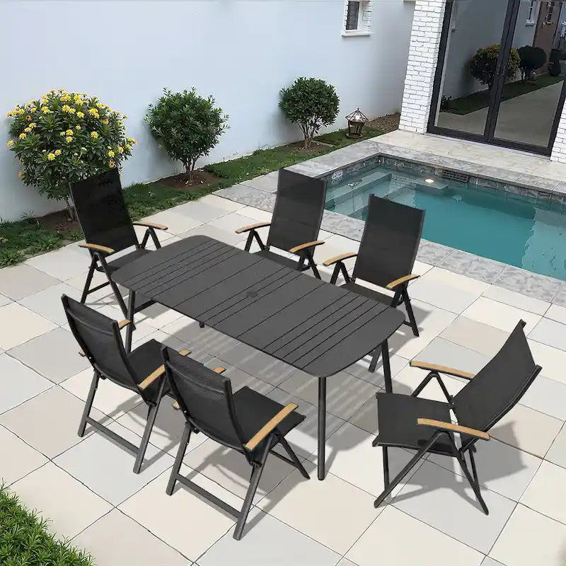 7/9PC Patio Dining Table Rectangular Aluminum Outdoor Table with Folding Chairs