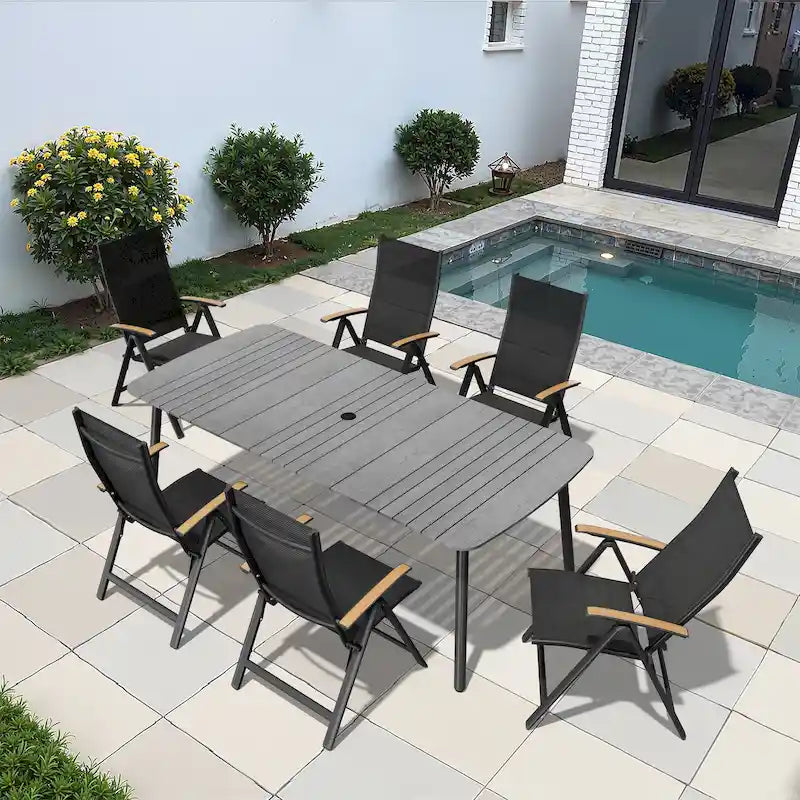 7/9PC Patio Dining Table Rectangular Aluminum Outdoor Table with Folding Chairs