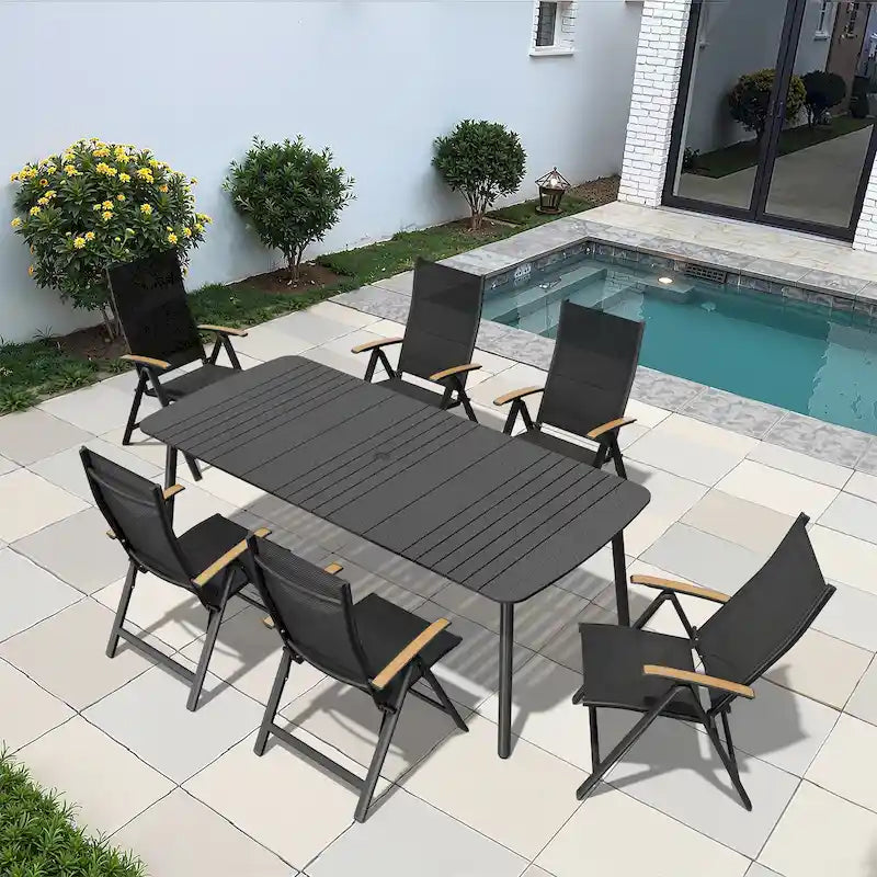 7/9PC Patio Dining Table Rectangular Aluminum Outdoor Table with Folding Chairs