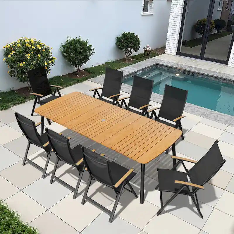 7/9PC Patio Dining Table Rectangular Aluminum Outdoor Table with Folding Chairs