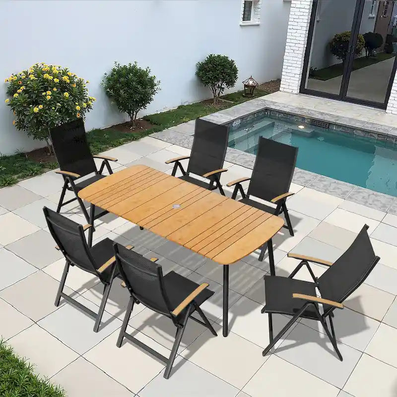 7/9PC Patio Dining Table Rectangular Aluminum Outdoor Table with Folding Chairs