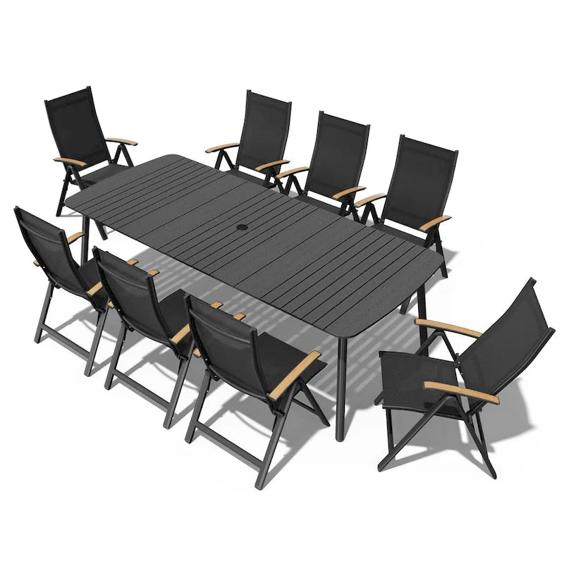 7/9PC Patio Dining Table Rectangular Aluminum Outdoor Table with Folding Chairs