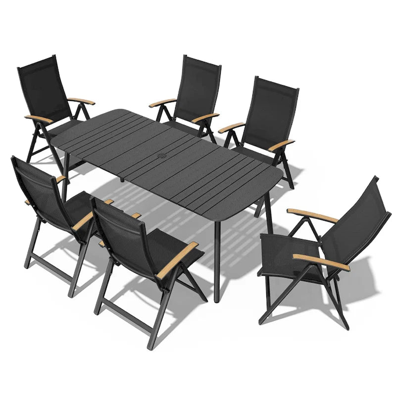7/9PC Patio Dining Table Rectangular Aluminum Outdoor Table with Folding Chairs