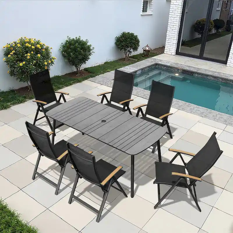 7/9PC Patio Dining Table Rectangular Aluminum Outdoor Table with Folding Chairs