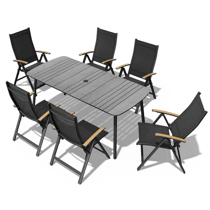 7/9PC Patio Dining Table Rectangular Aluminum Outdoor Table with Folding Chairs