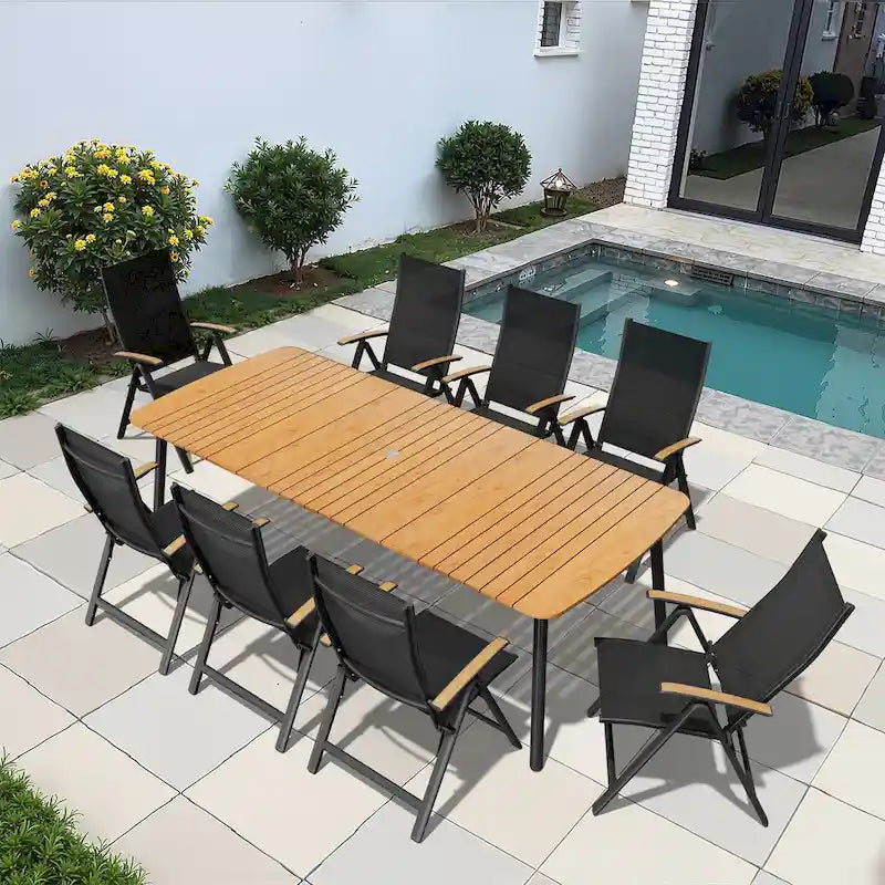 7/9PC Patio Dining Table Rectangular Aluminum Outdoor Table with Folding Chairs