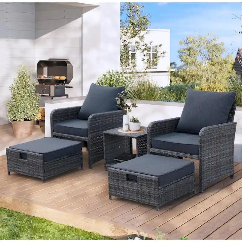 5 Piece Wicker Patio Furniture Set w/Ottomans2 Person Seating Patio ConversationAll-Weather PE Wicker