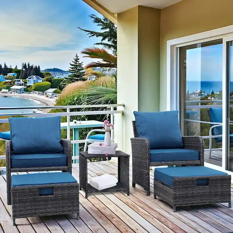 5 Piece Wicker Patio Furniture Set w/Ottomans2 Person Seating Patio ConversationAll-Weather PE Wicker