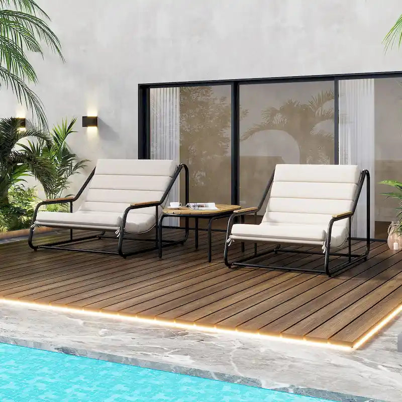 Outdoor Chaise Lounge Set of 3 with Cushion, Patio Lounge Chair Recliner with Acacia Side Table