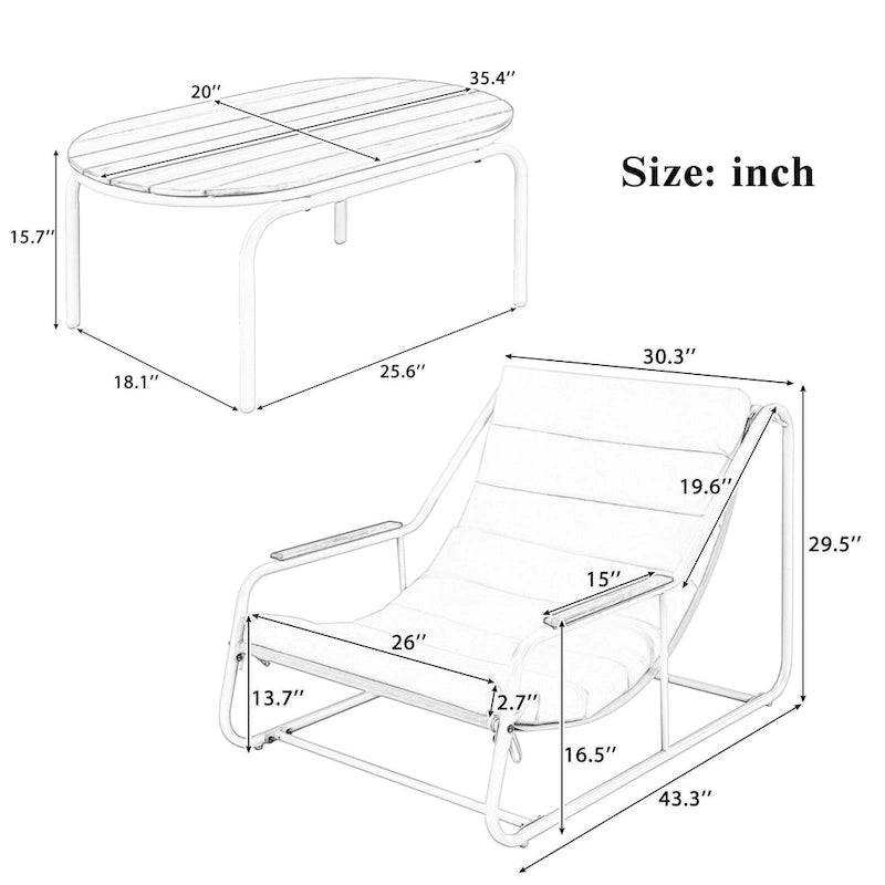 Outdoor Chaise Lounge Set of 3 with Cushion, Patio Lounge Chair Recliner with Acacia Side Table