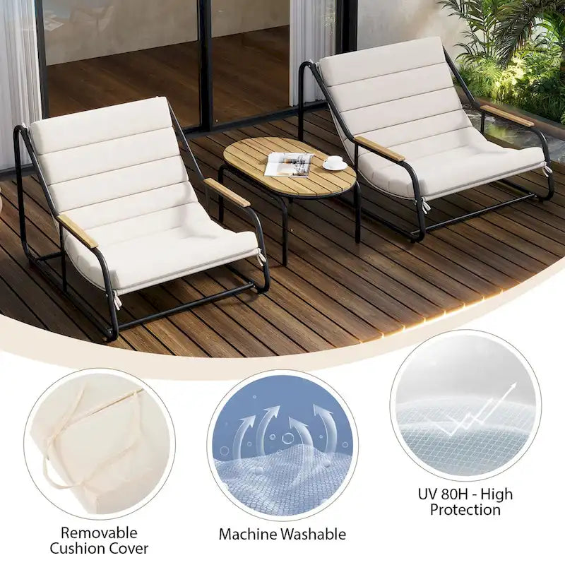 Outdoor Chaise Lounge Set of 3 with Cushion, Patio Lounge Chair Recliner with Acacia Side Table