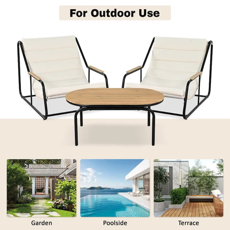 Outdoor Chaise Lounge Set of 3 with Cushion, Patio Lounge Chair Recliner with Acacia Side Table