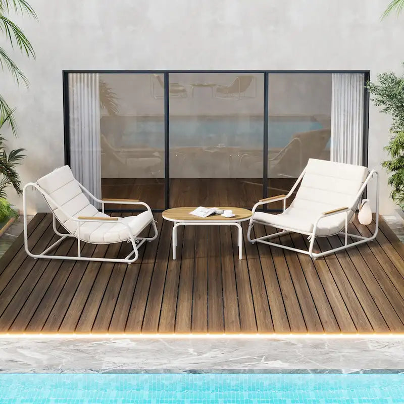 Outdoor Chaise Lounge Set of 3 with Cushion, Patio Lounge Chair Recliner with Acacia Side Table