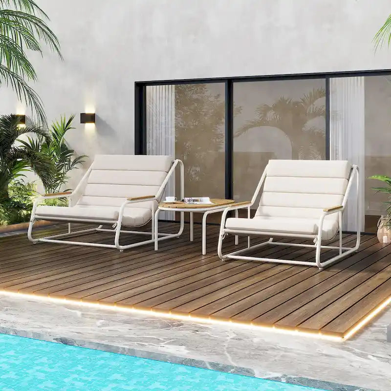 Outdoor Chaise Lounge Set of 3 with Cushion, Patio Lounge Chair Recliner with Acacia Side Table