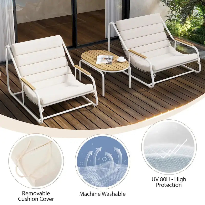 Outdoor Chaise Lounge Set of 3 with Cushion, Patio Lounge Chair Recliner with Acacia Side Table