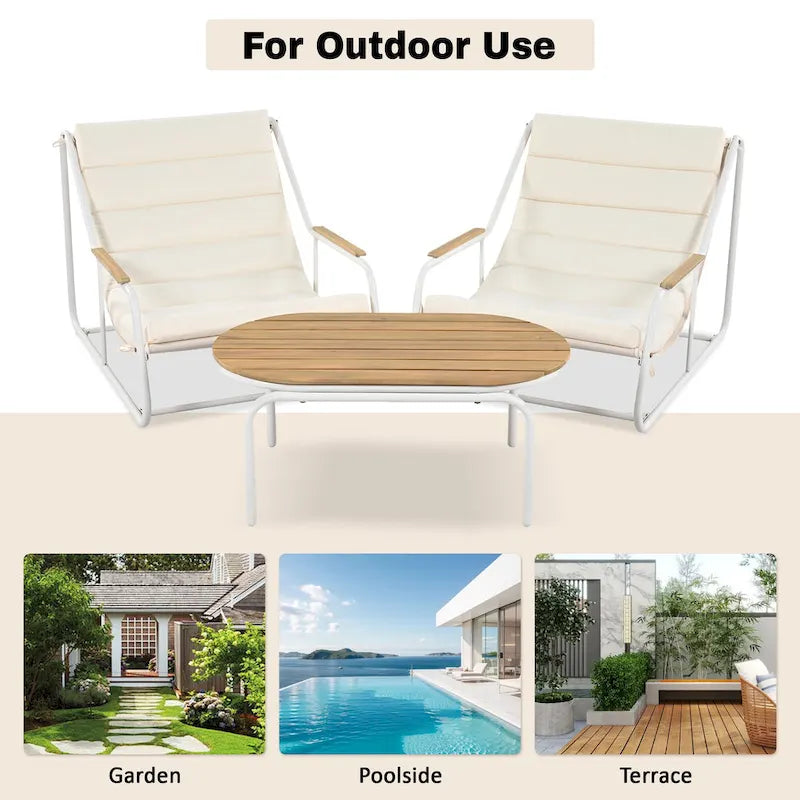 Outdoor Chaise Lounge Set of 3 with Cushion, Patio Lounge Chair Recliner with Acacia Side Table