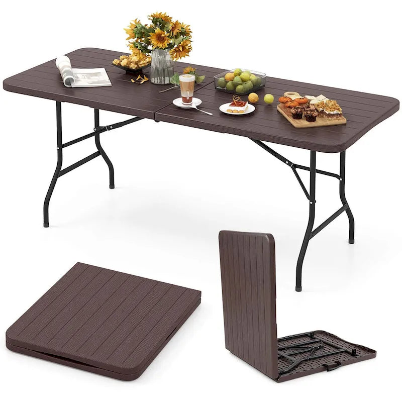 Costway 6 ft Portable Folding Table with Wood Grain HDPE Tabletop Safe - See Details