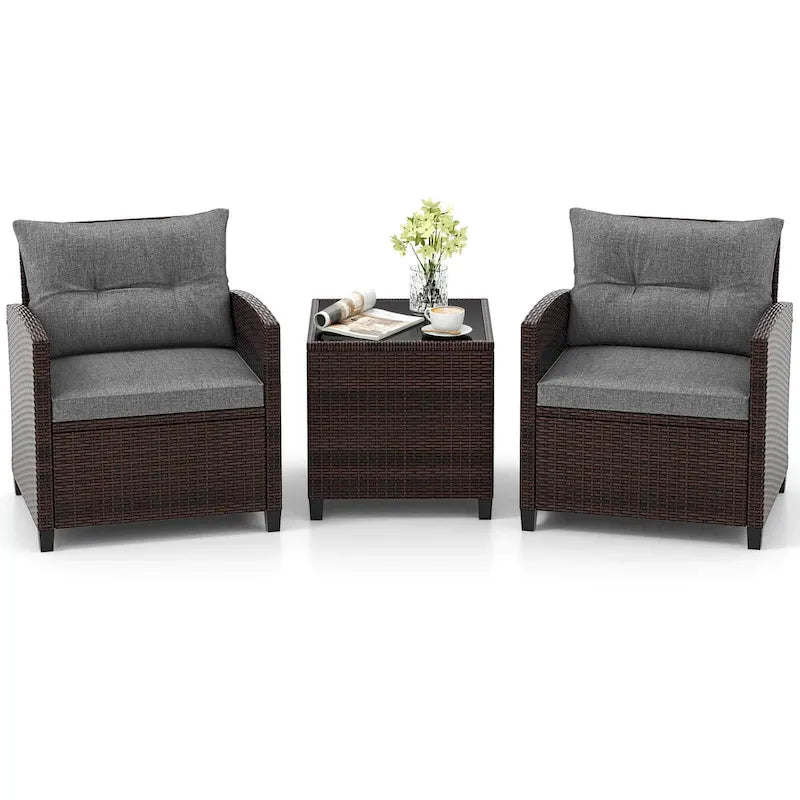 Gymax Set of 3 Rattan Furniture Set Patio Cushioned Conversation Set