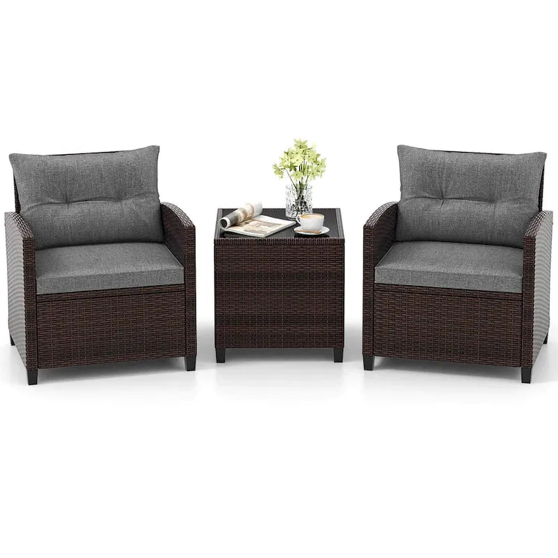 Gymax Set of 3 Rattan Furniture Set Patio Cushioned Conversation Set