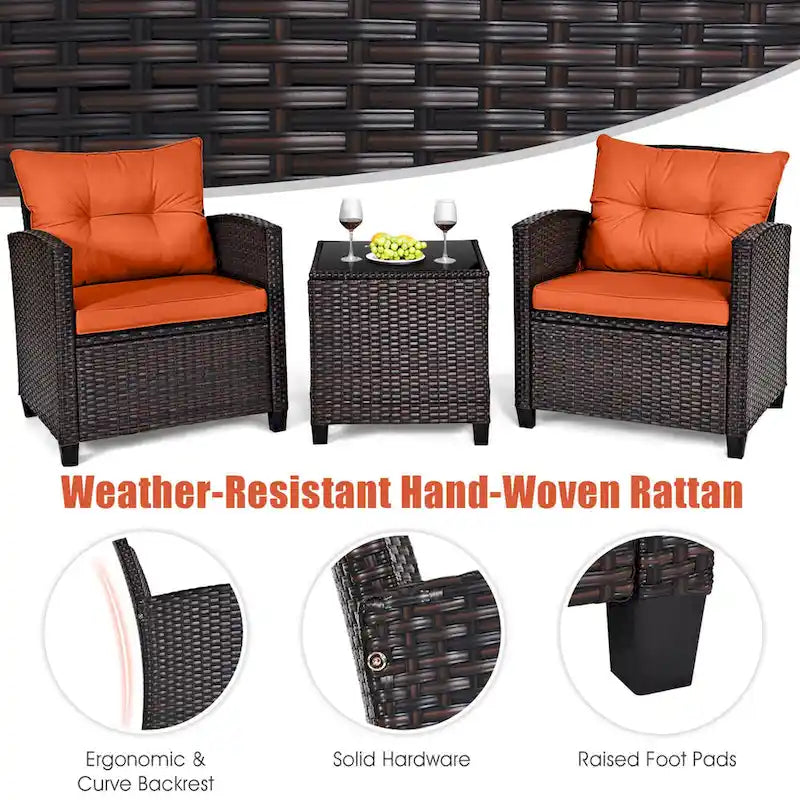 Gymax Set of 3 Rattan Furniture Set Patio Cushioned Conversation Set
