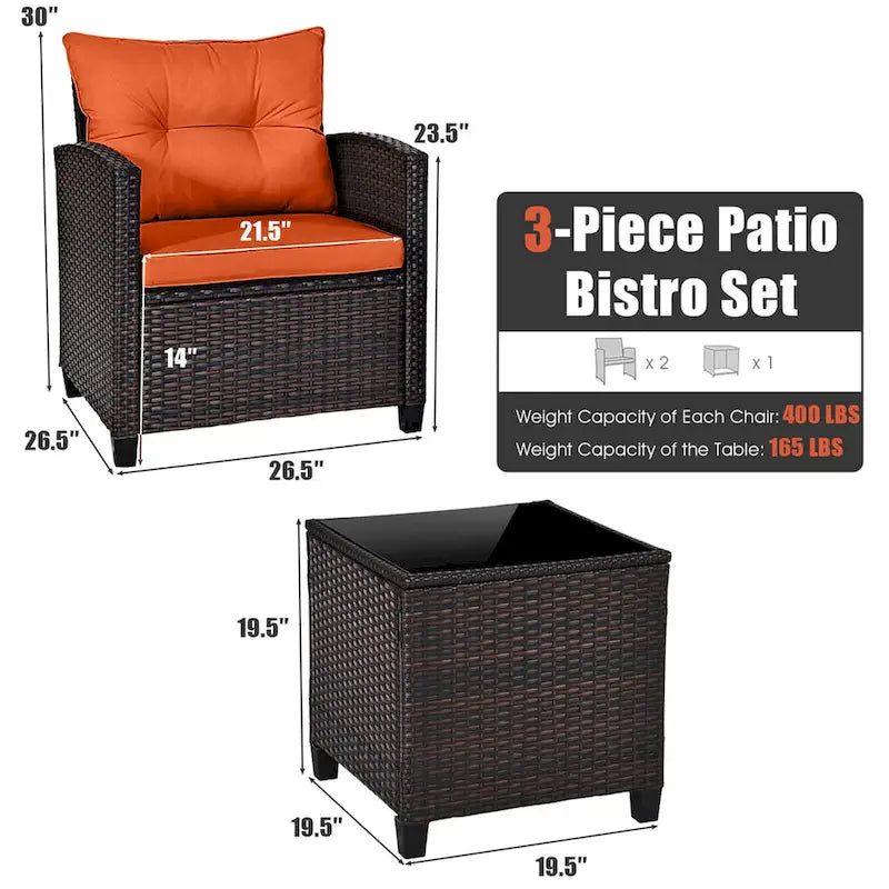 Gymax Set of 3 Rattan Furniture Set Patio Cushioned Conversation Set