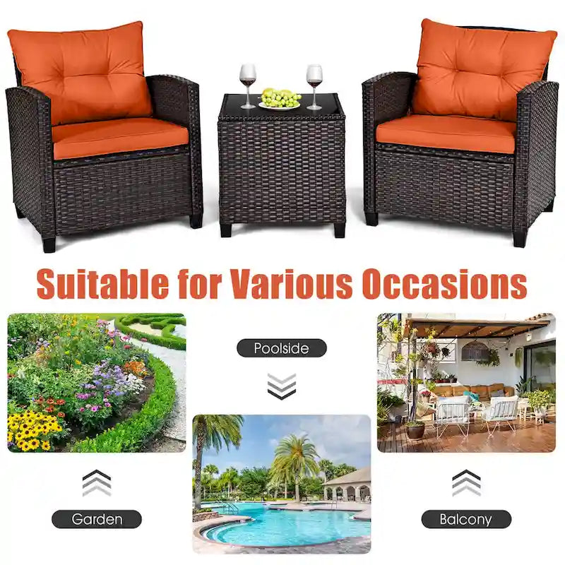 Gymax Set of 3 Rattan Furniture Set Patio Cushioned Conversation Set