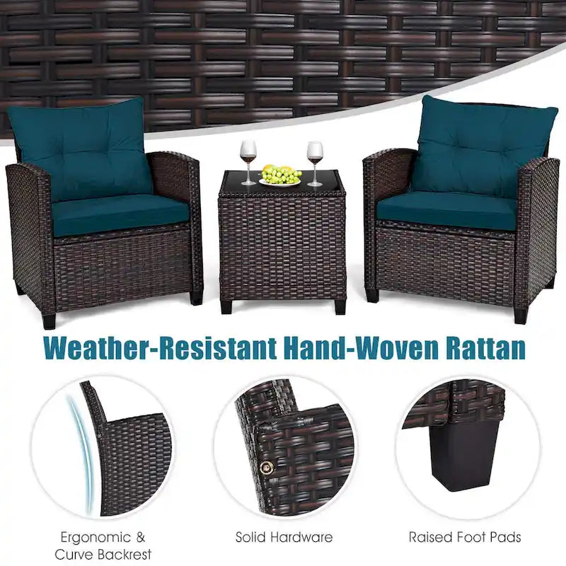 Gymax Set of 3 Rattan Furniture Set Patio Cushioned Conversation Set
