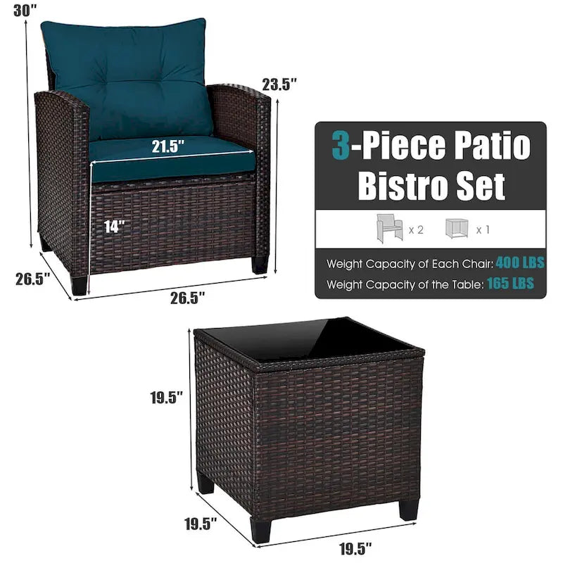 Gymax Set of 3 Rattan Furniture Set Patio Cushioned Conversation Set