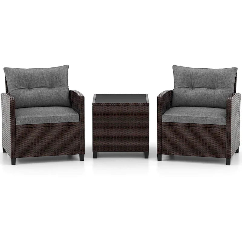 Gymax Set of 3 Rattan Furniture Set Patio Cushioned Conversation Set