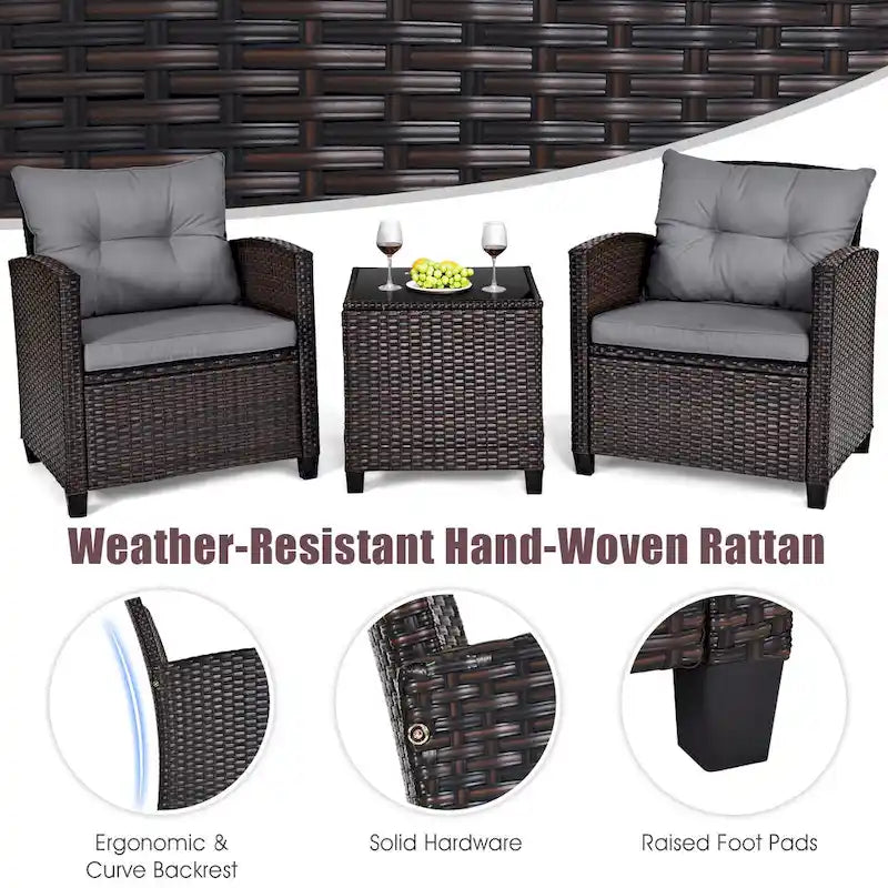 Gymax Set of 3 Rattan Furniture Set Patio Cushioned Conversation Set