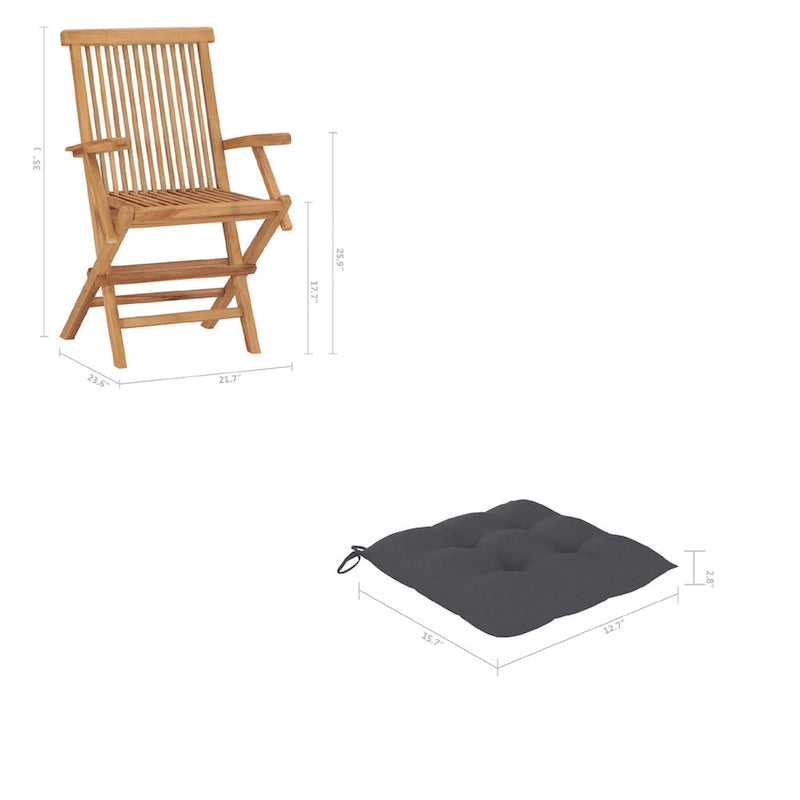 Outdoor Accent Chair Set of 2, Folding Design, Gray, Brown Teak Wood