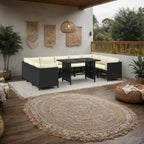 10pc Outdoor Sofa Set, White Cushions, 9 Modular Chairs, Table, Black