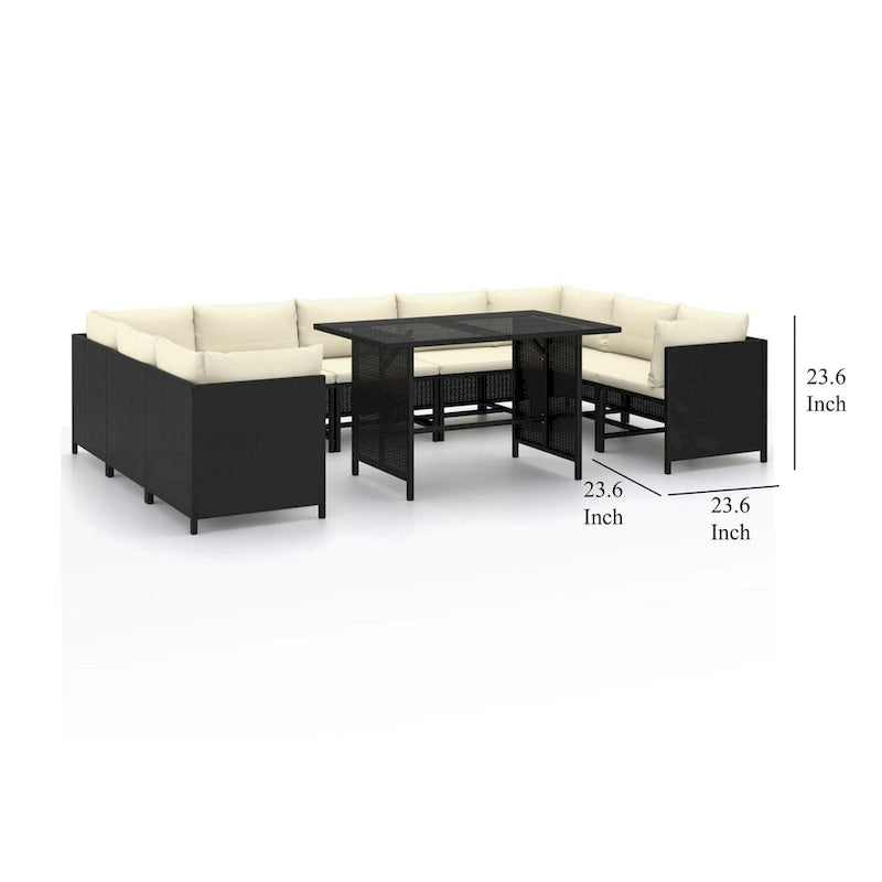 10pc Outdoor Sofa Set, White Cushions, 9 Modular Chairs, Table, Black