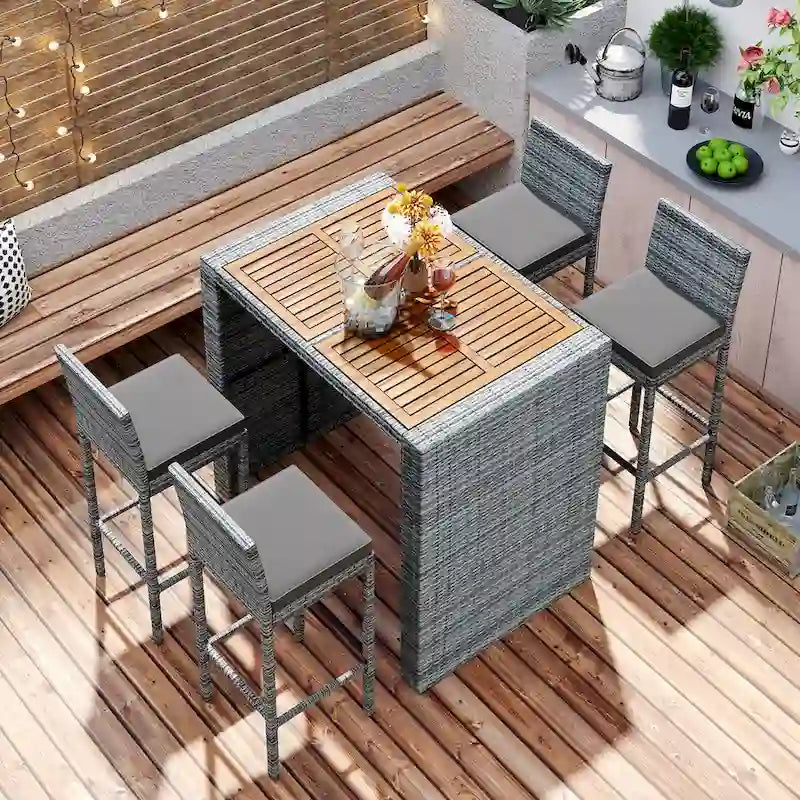 5 Pcs Outdoor Rattan Dining Table and Chairs Set, Patio Conversation Furniture Sets with Height Table and 4 Chairs