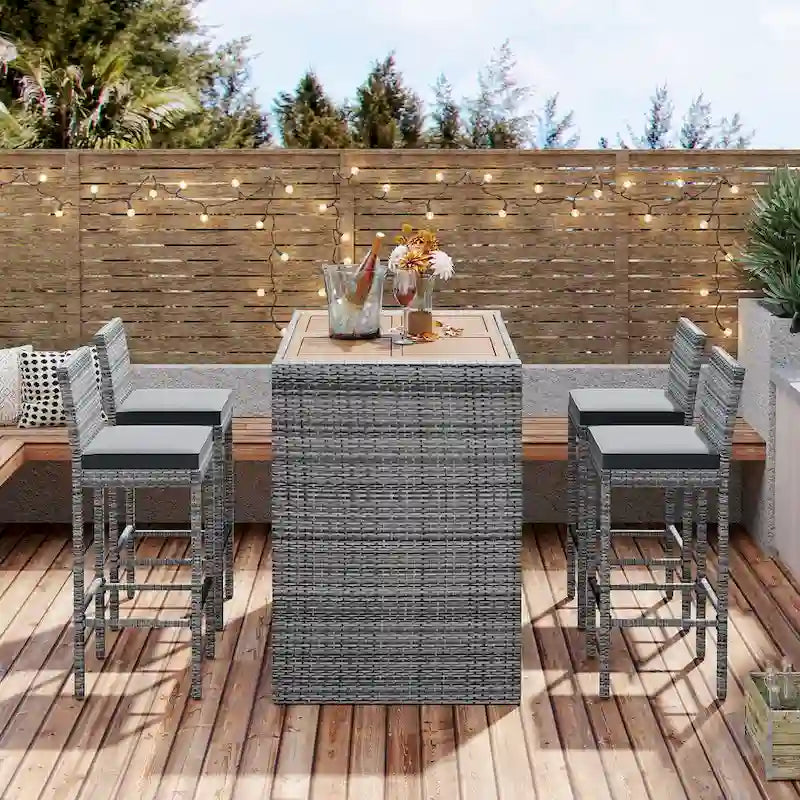 5 Pcs Outdoor Rattan Dining Table and Chairs Set, Patio Conversation Furniture Sets with Height Table and 4 Chairs