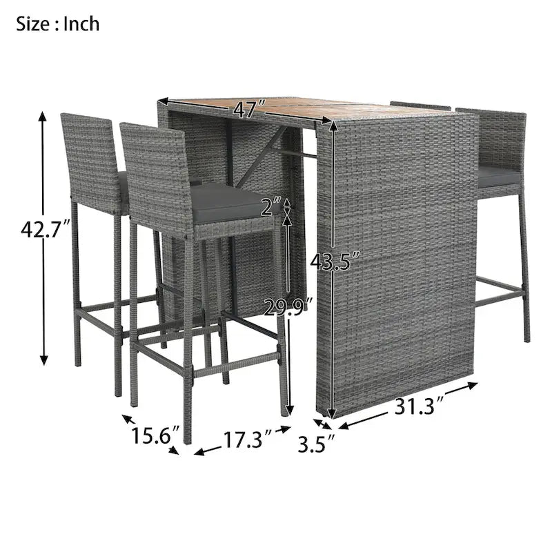 5 Pcs Outdoor Rattan Dining Table and Chairs Set, Patio Conversation Furniture Sets with Height Table and 4 Chairs