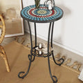 Patio Side Table Round Small End Table Plant Stand with Floral Ceramic Top and Storage Shelf for Study Room Backyard