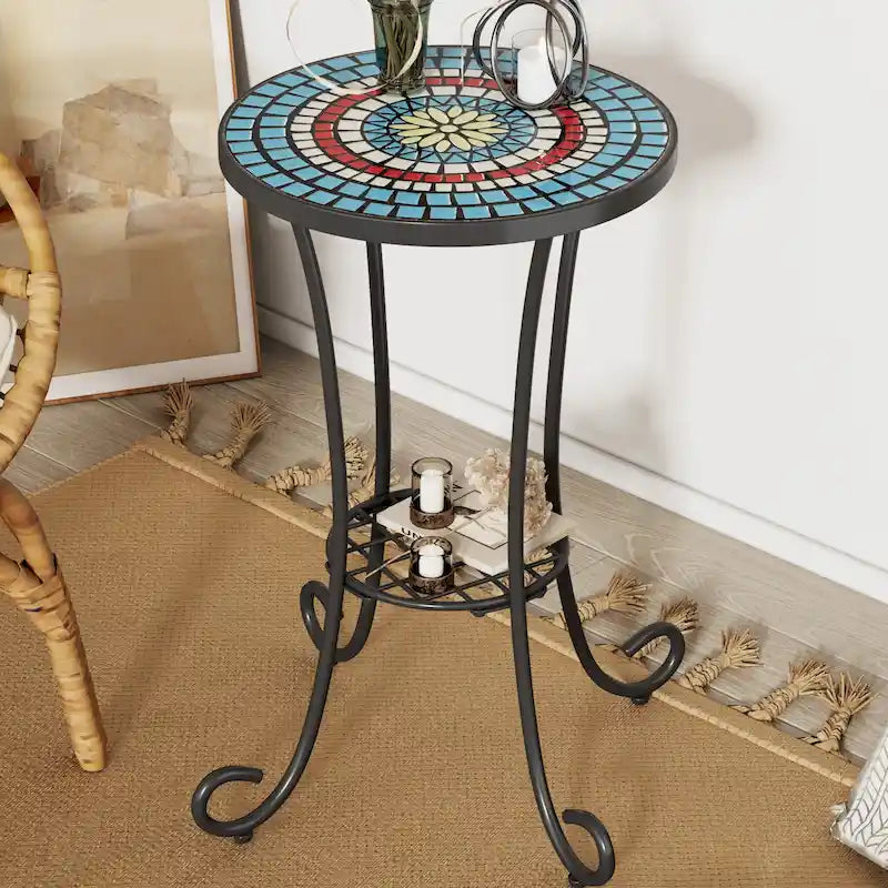 Patio Side Table Round Small End Table Plant Stand with Floral Ceramic Top and Storage Shelf for Study Room Backyard